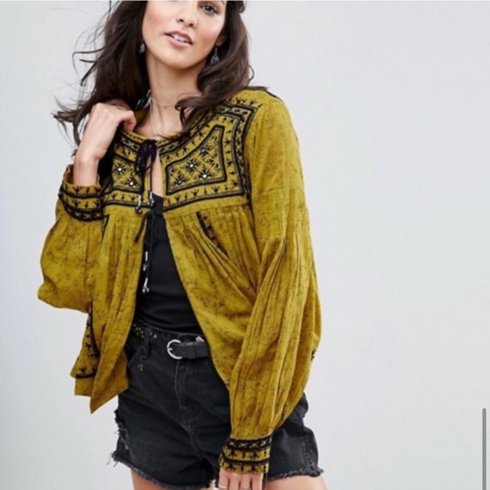 Free People “Twilight” Mustard Yellow Embellished Jacket